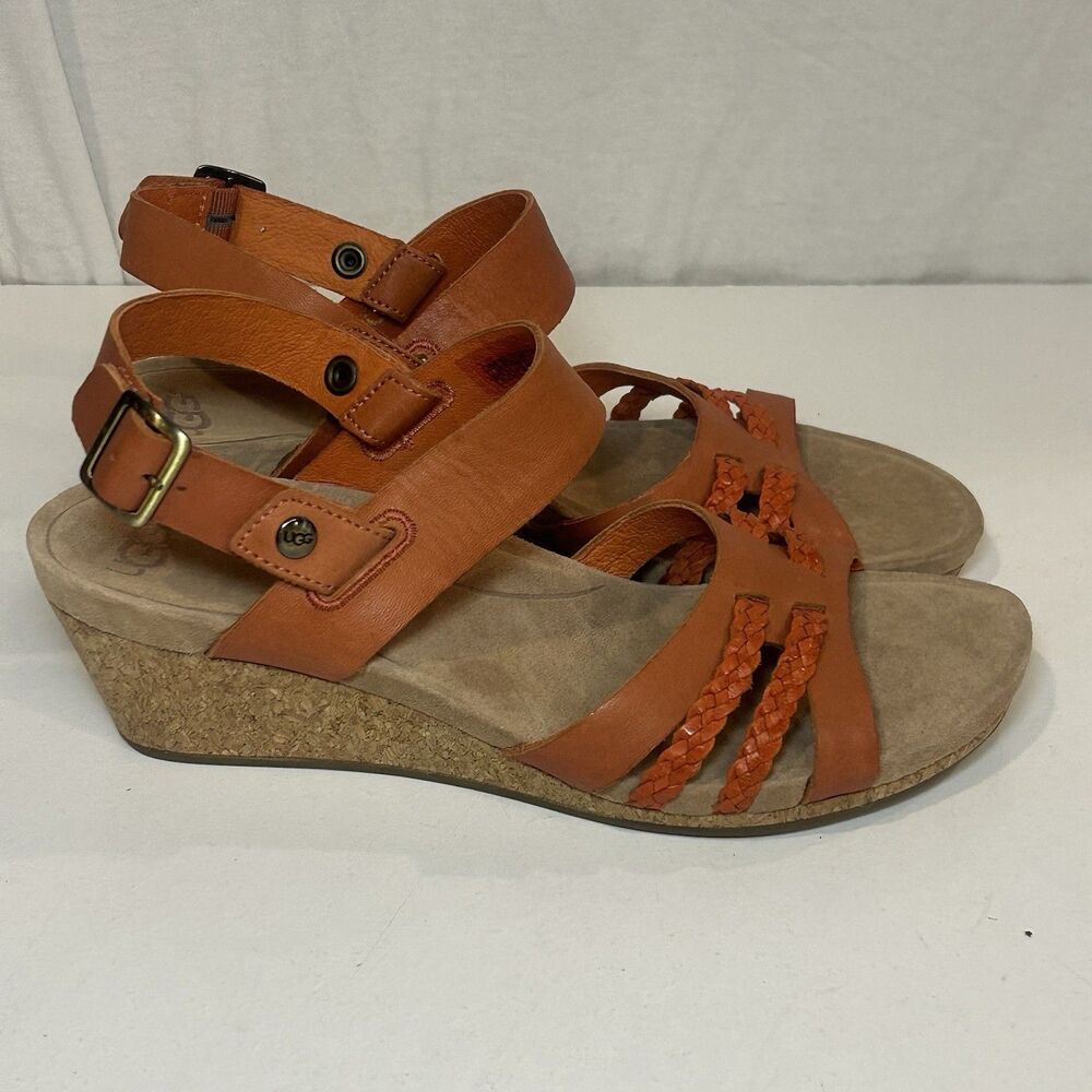 UGG SERINDA Orange Fire Opal Leather Cork Wedge Platform Sandals 8